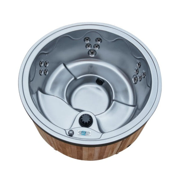 Silver hot tub with wooden base on a white background