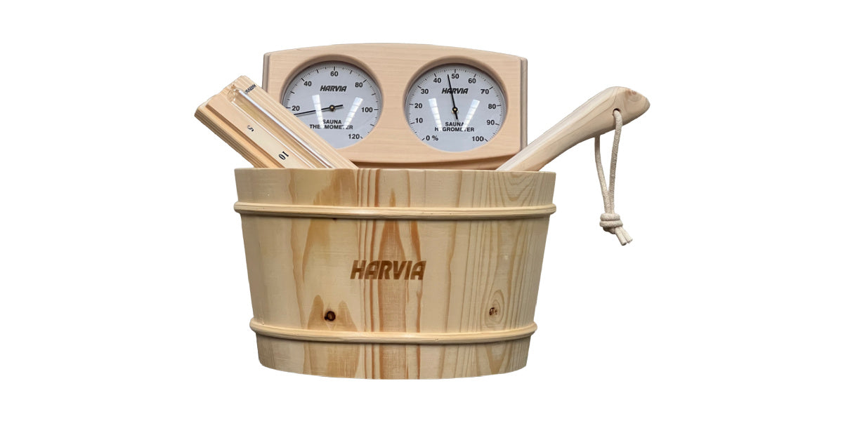 Harvia Bucket & Ladle, Thermometer, Hygrometer & Sandtimer