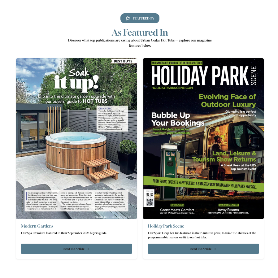 Website layout with magazine-style layout featuring images of a hot tub and a cabin.