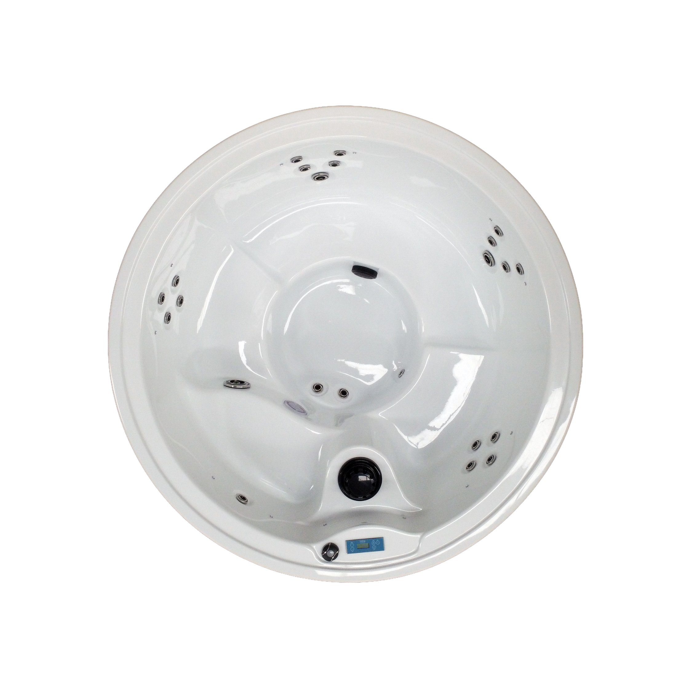 White hot tub with multiple jets on a white background